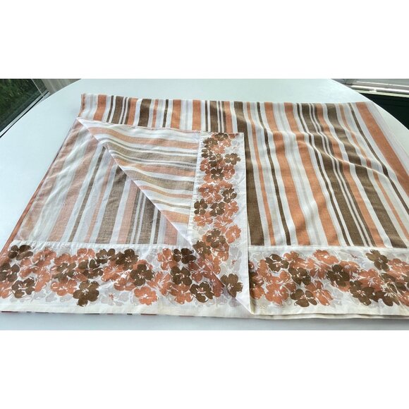 Vintage 70s flat/top sheet, 2 tones brown stripes and flowers, full size bed - Picture 7 of 10